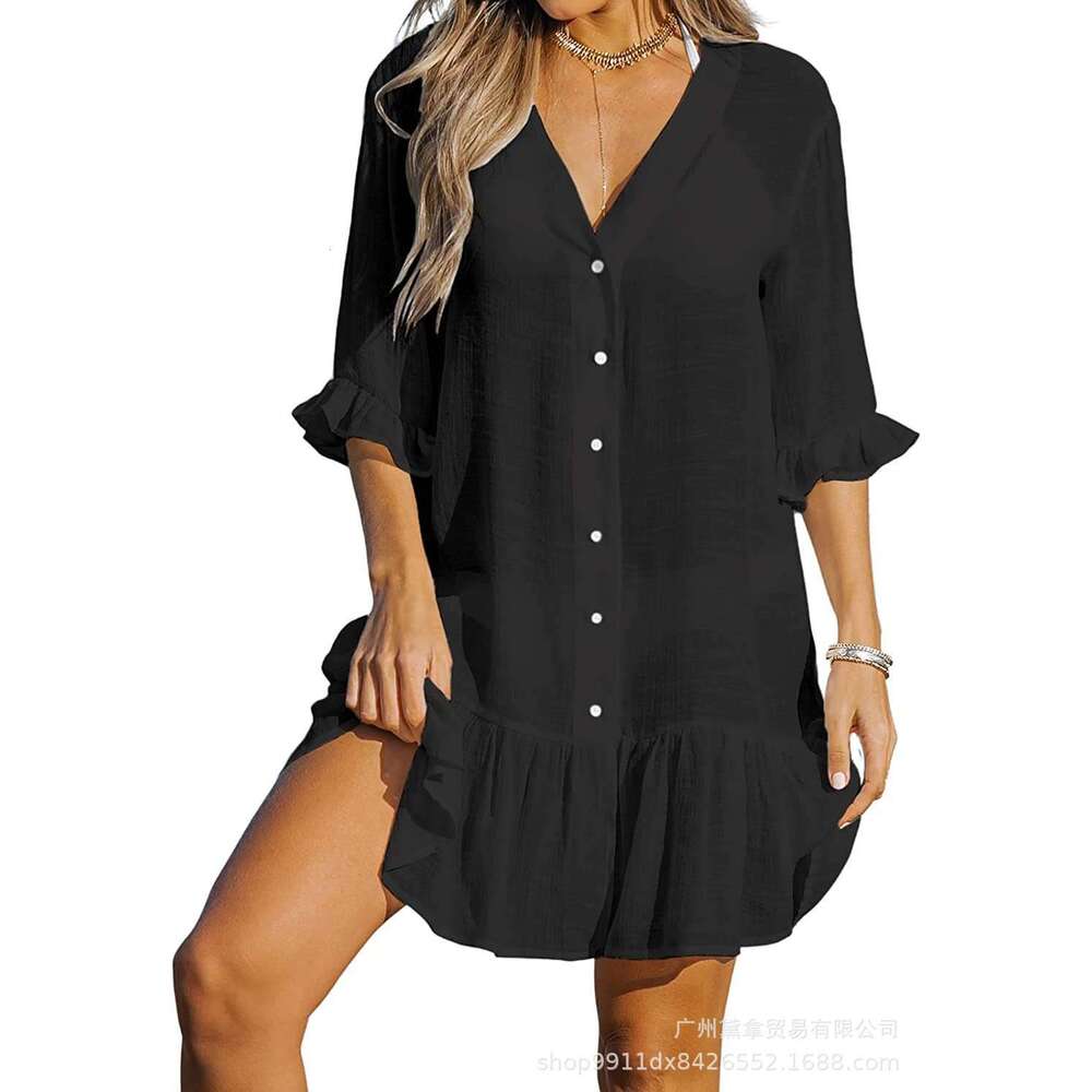 Maxi Dress Summer V Neck Ruffle Dress Solid Beach Sun Protection Cover Up For Women Long Dress
