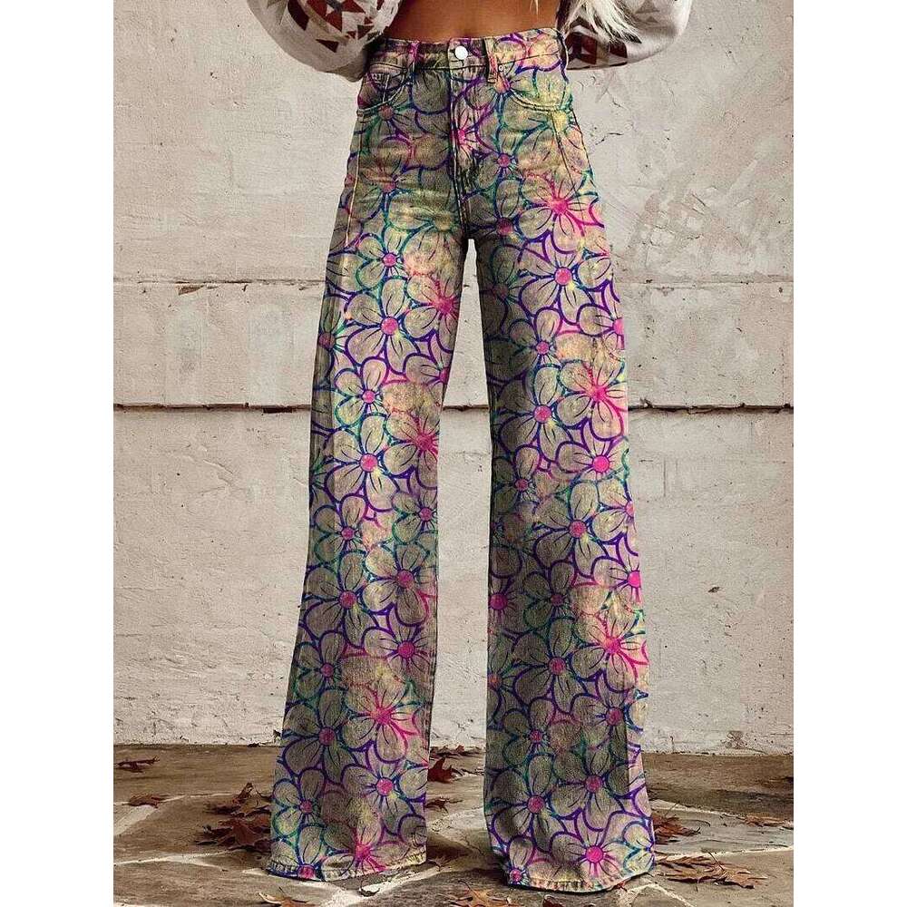 Vintage Gradient Women Wide Leg Denim Pants New Fashion High Waist Casual Retro Punk 3D Print Faux Jeans Trousers