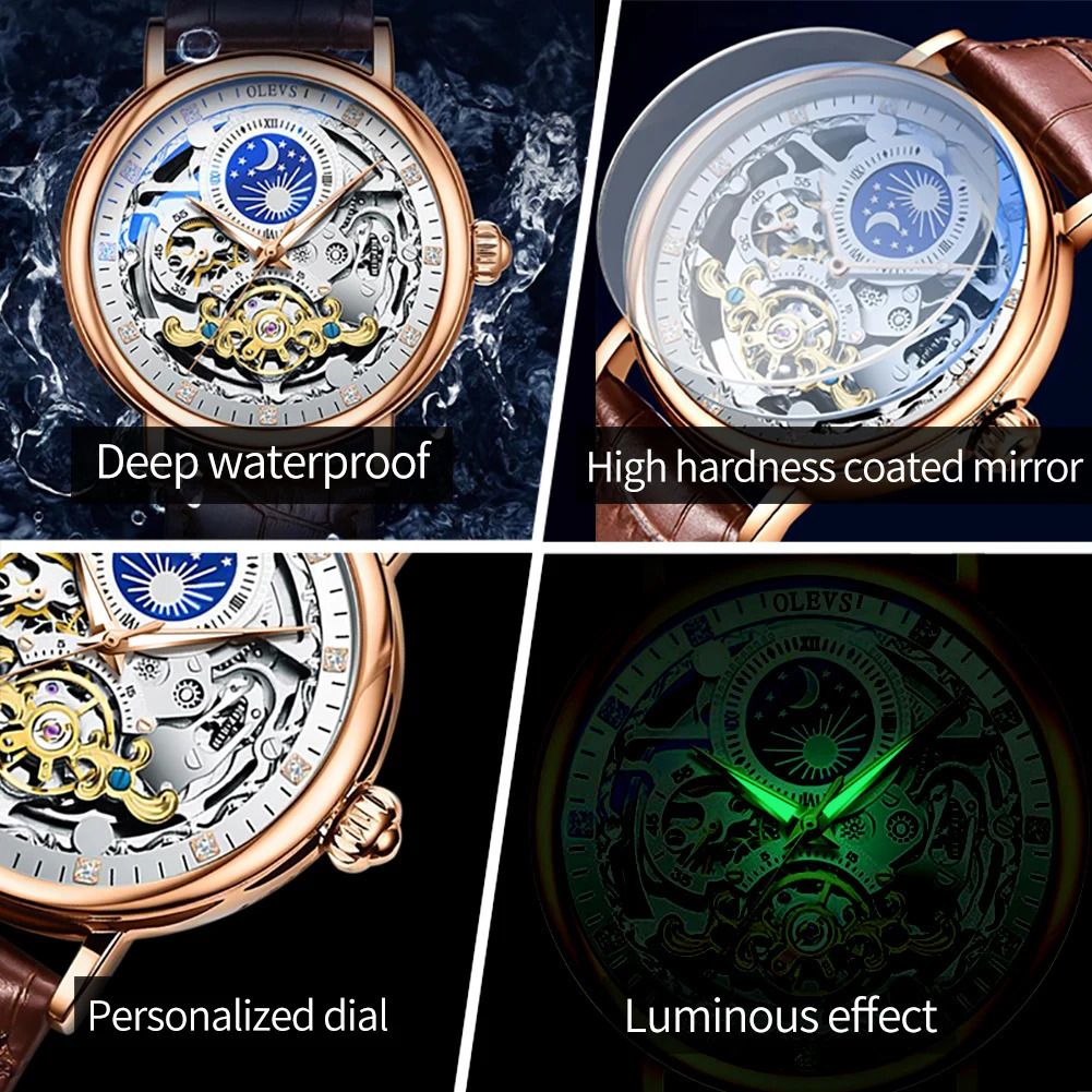 OLEVS Moon Phase Mechanical Watch Men with Dual Time Zone Display Waterproof Automatic Skeleton Mens Watches Top 250603