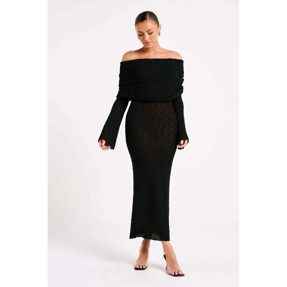 Maxi Dress New Vacation One Neck Beach Cover Shirt Slimming Trumpet Sleeve Dress Long Dress