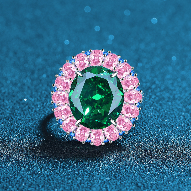 Luxury 925 Sterling Silver Adjustable Ring with Green Gemstone, High-Carbon Diamond, Pink Teardrop Stones, Elegant Floral Design for Women
