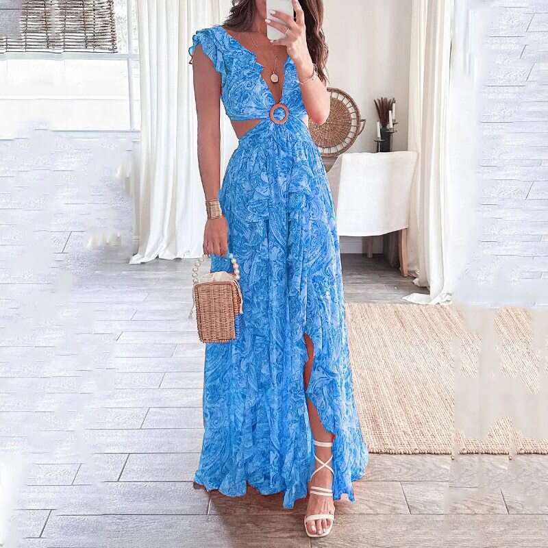 Maxi Dress Women S Spring New Elegant Printed Deep V Sexy Open Waist Hollow Dress Floral Dress