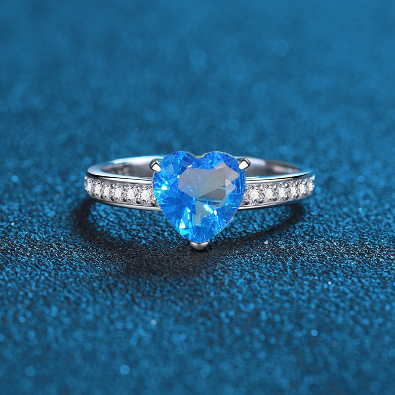 925 Sterling Silver Heart-Shaped Pink Diamond Ring with Blue and White Diamonds, Full Diamond Design, Elegant Luxury Engagement Ring for Women