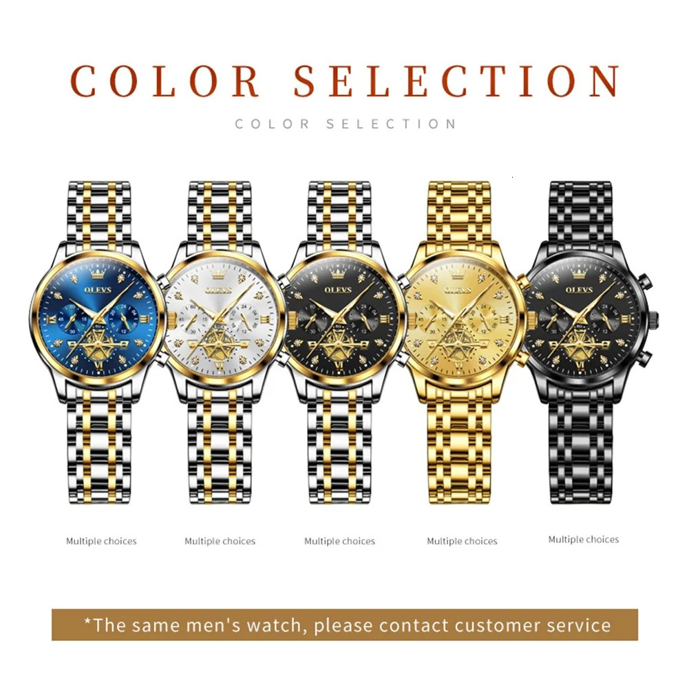 OLEVS Couple Watches Waterproof Luminous Stainless Steel Quartz Watch His and Hers Moon Phase Fashion Lovers Set 250603