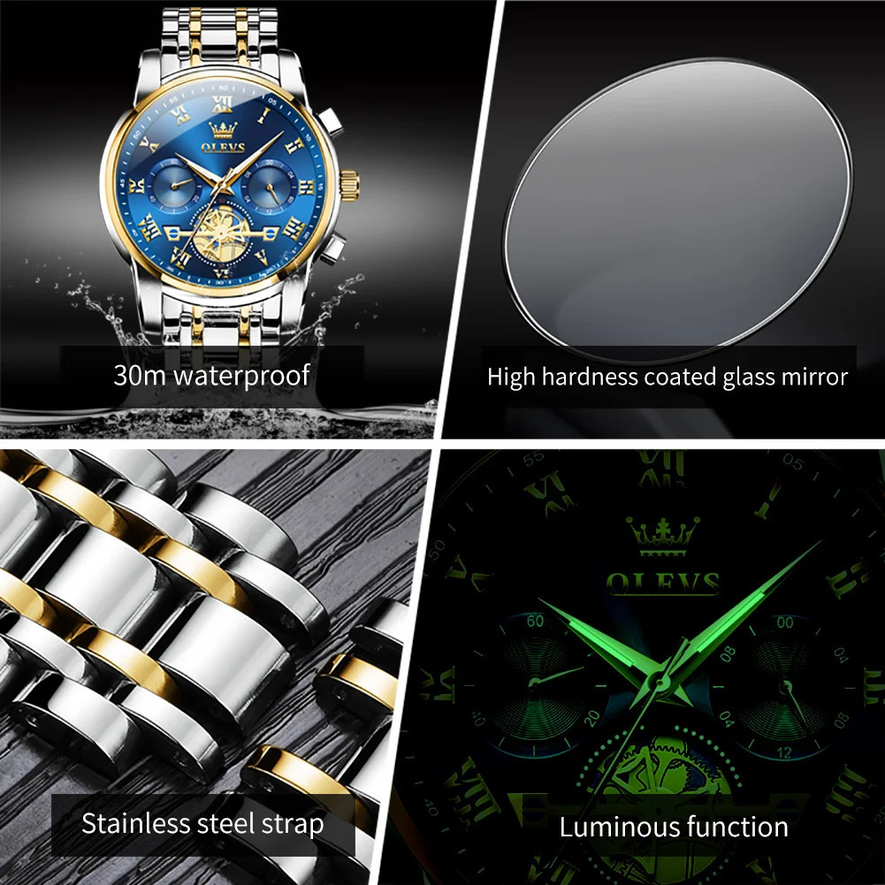 OLEVS Couple Watches Waterproof Luminous Stainless Steel Quartz Watch His and Hers Moon Phase Fashion Lovers Set 250603