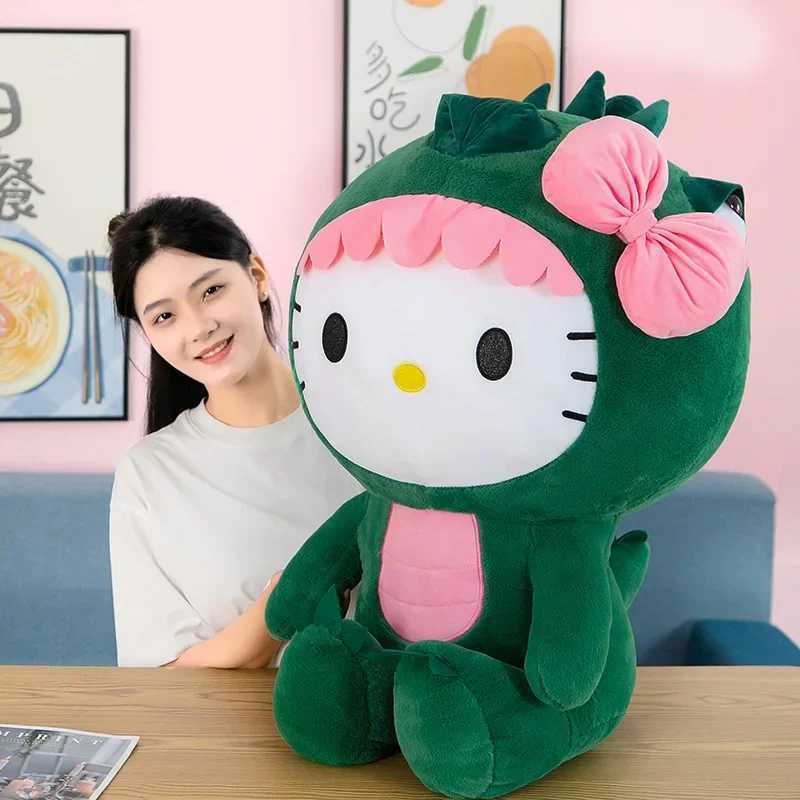 Sanrio 35/50/65cm Sanrio Kawaii Hello Kitty Dinosaur Plush Toy Cartoon Doll Room Decoration Sleeping Throw Pillow Kids Birthday Giftw250524