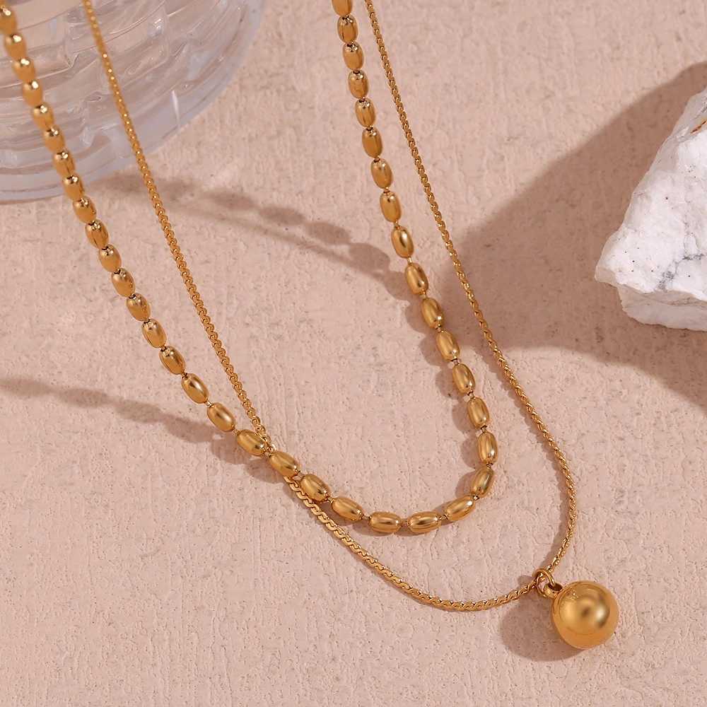 E.B.belle Simple Double-layer R bead Pendant Necklace 316L Stainl Steel Decoration 18K Gold Plated Jewelry XJ250524