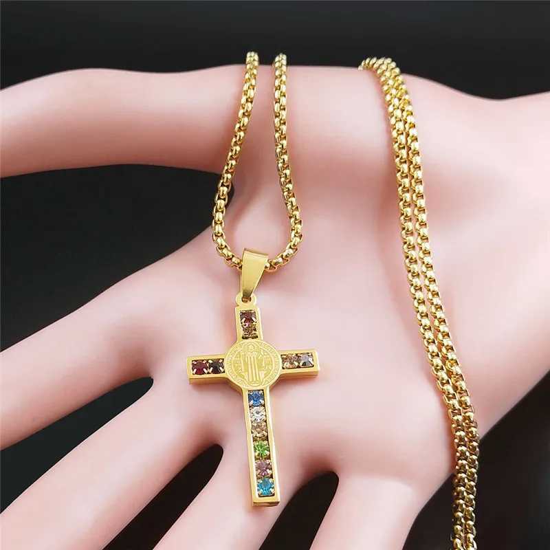Catholic Jesus Cross Stainl Steel Necklace Saint Benedict Crystal Virgin Mary Pendant Crucifix Male Necklaces Jewelry cruz XJ250524