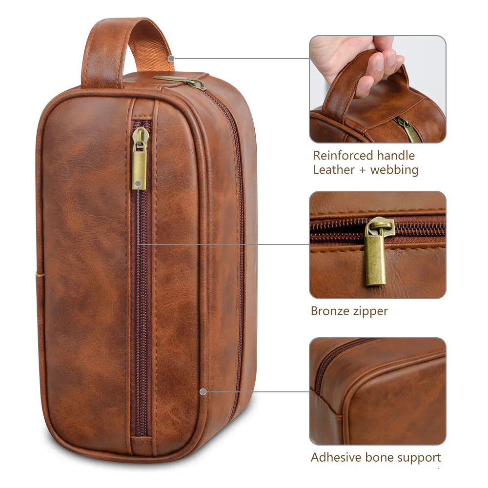 Men Leather Wash Bag Travel Business Trips Portable Cosmetic Bag Large Capacity Multi Pocket Handheld Leather Wash Bag 250603