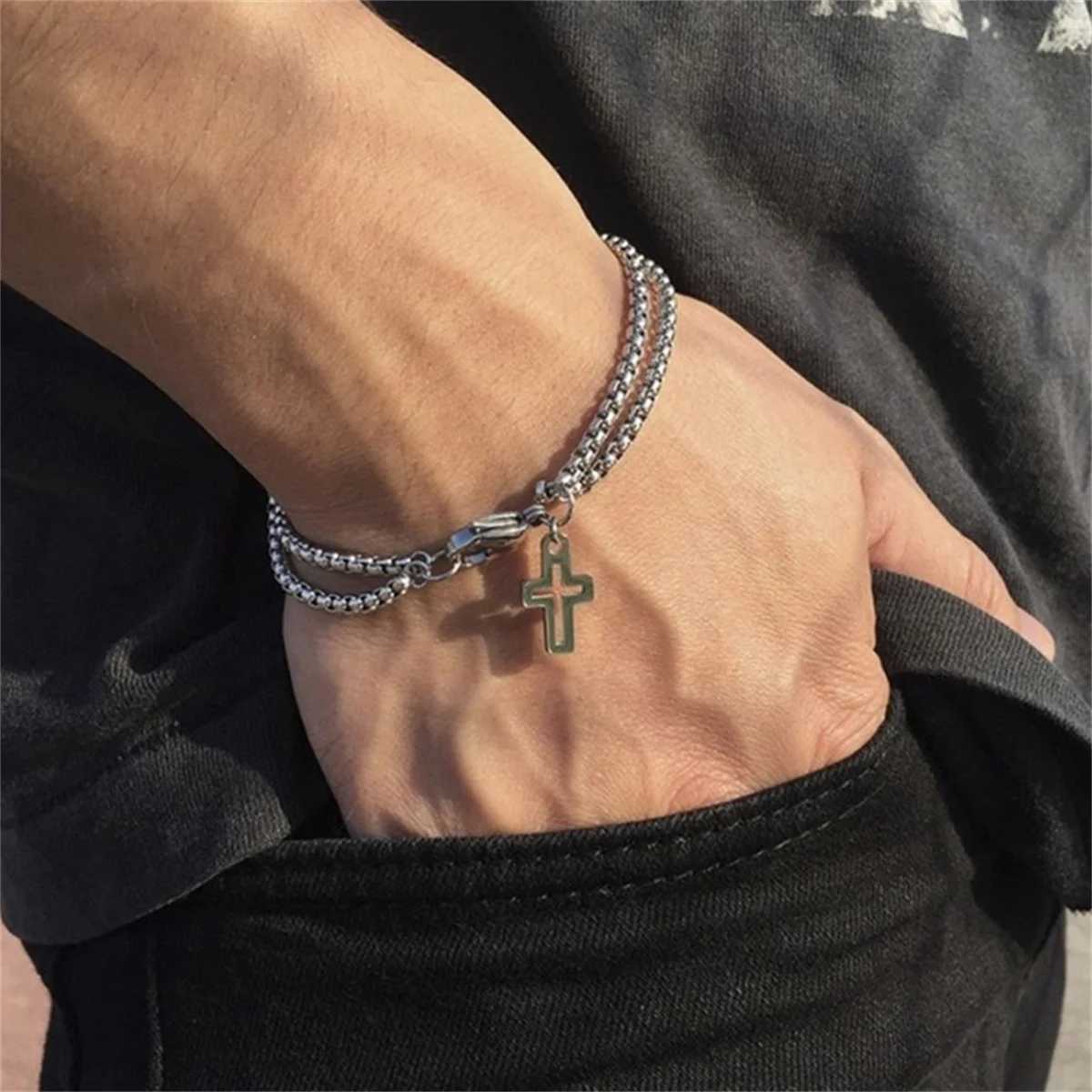 Silver Color Double Layer Chain Hollow Cross Mens Bracelets Fashion Stainless Steel Bracelet Hip Hop Punk Party Male Jewelry XJ250524