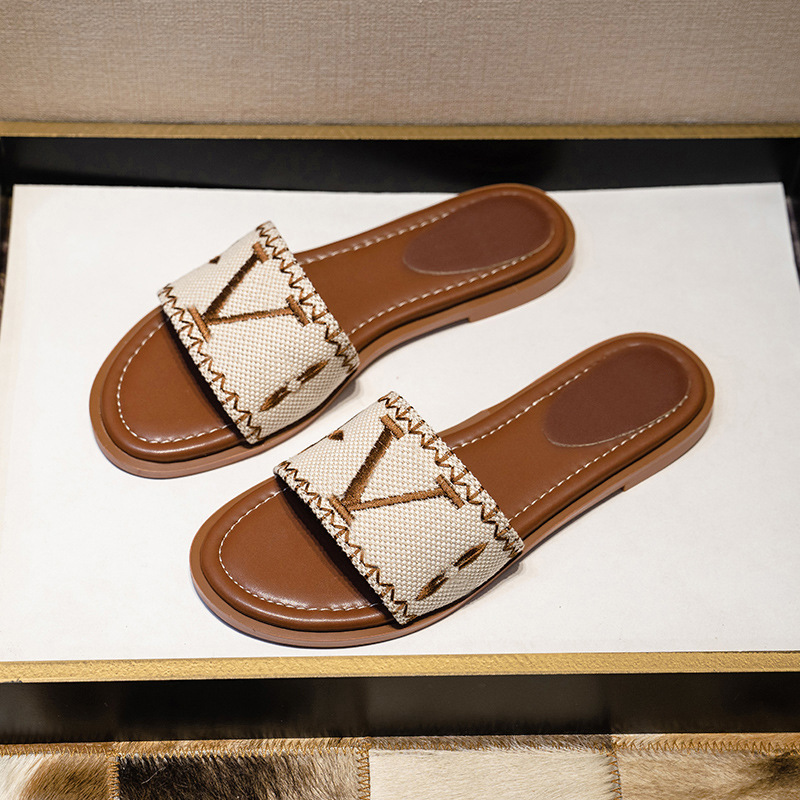 Womens Sandals Slippers Embroidery Designers Slides Sandal Floral Brocade Flip Flops Striped Beach Leather Rubber Flower Slipper Loafers Free shipping