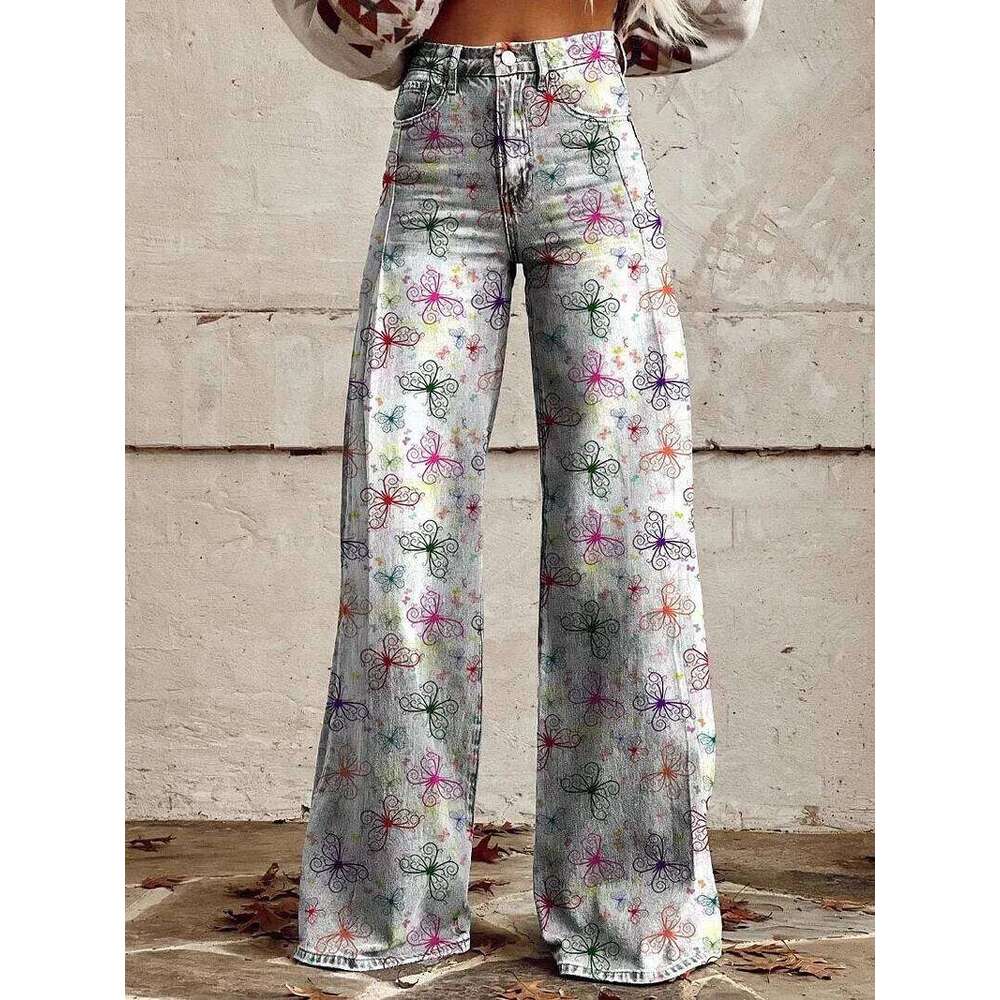 Vintage Gradient Women Wide Leg Denim Pants New Fashion High Waist Casual Retro Punk 3D Print Faux Jeans Trousers