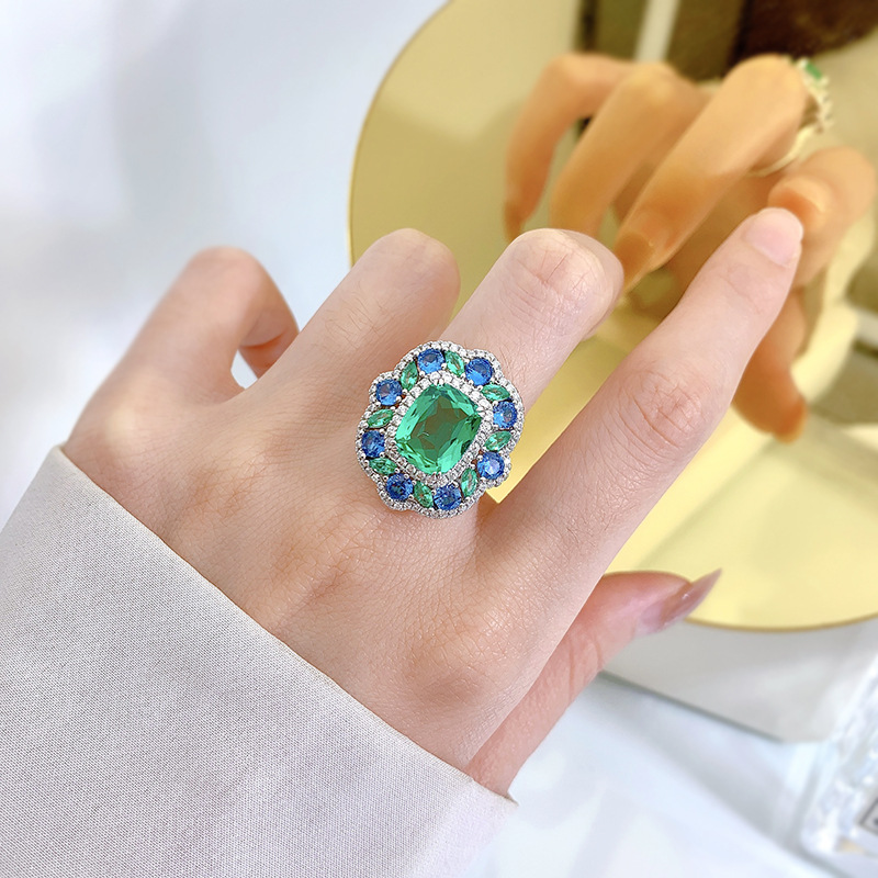 S925 sterling silver 8*10 high carbon diamond green tourmaline best girl girlfriend's garden ring European luxurious and high-end live sales best