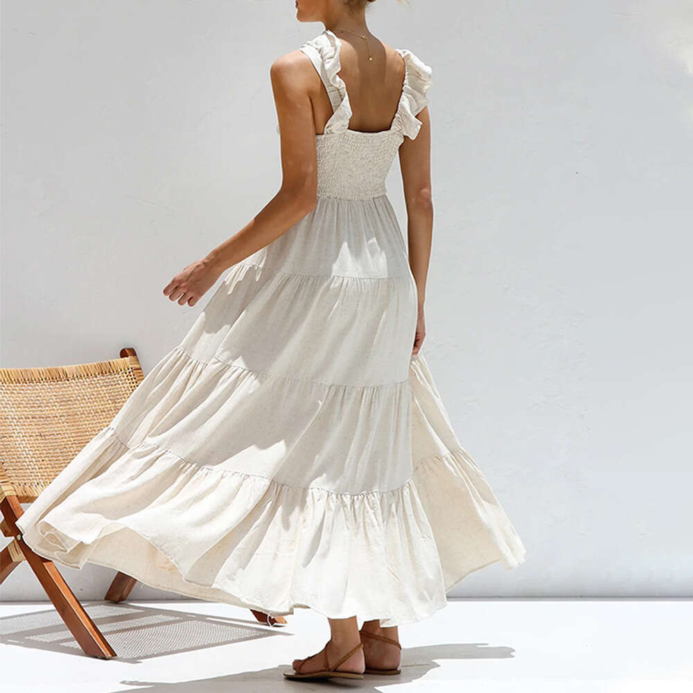 Maxi Dress Spring Summer V Neck Sexy Cotton Linen Sleeveless Solid Lace Strap Holiday Beach Dress Long Dress