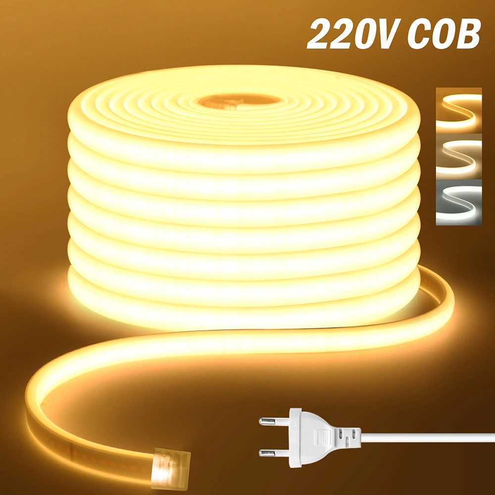 220V Dimmable COB LED Neon Strip Light Dimmer Switch Plug Kit Waterproof 288 LED Flex Tube Lamp Hight Bright Warm/Natural White W250524