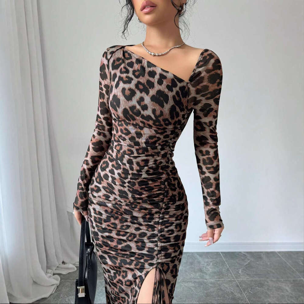 Maxi Dress New Women S Round Neck Long Sleeved Sexy Leopard Print High Waist Temperament Spicy Girl Dress Floral Dress