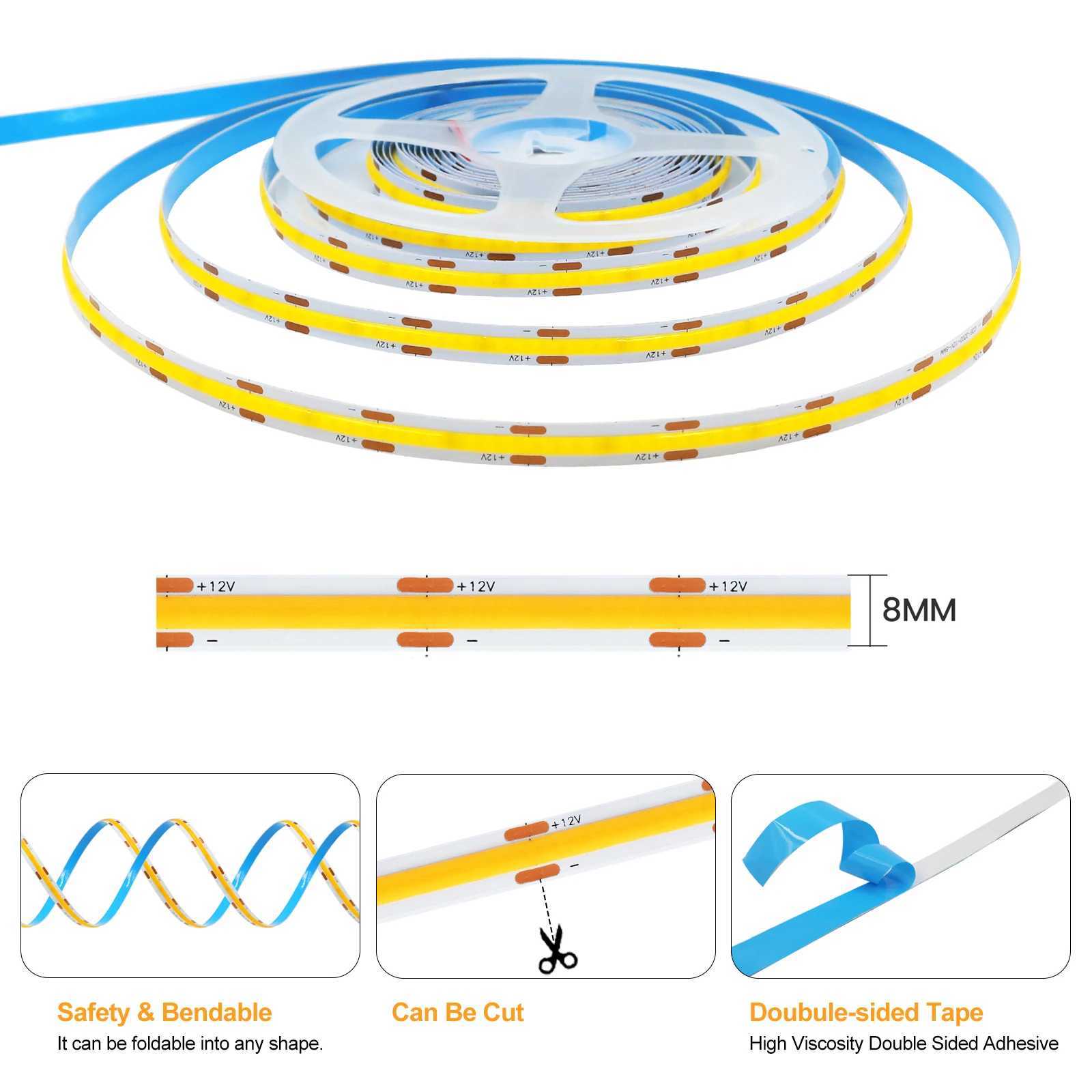 DC 12V 24V COB Strip 480 384 320 528Leds/M High Density RA90 White 3000K 4000K 6000K IP21 Flexible Ribbon Rope LED Light W250524