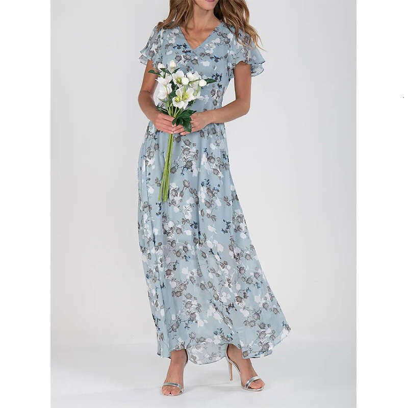 Maxi Dress New Beach Flare Long Skirt Chiffon Fragmented Flower Short Sleeve Ruffle Edge V Neck Fashion Waist Closing Dress Long Dress