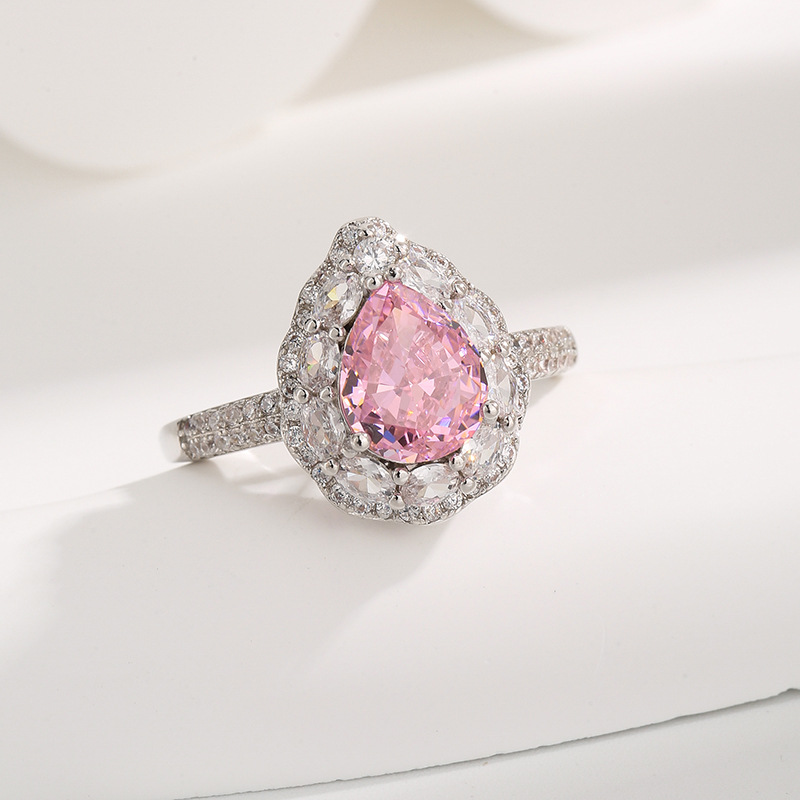 Luxury Pear-Shaped Gemstone Halo Ring with Diamonds, Available in Ruby, Emerald, Yellow Zirconia for Engagement or Special Occasions