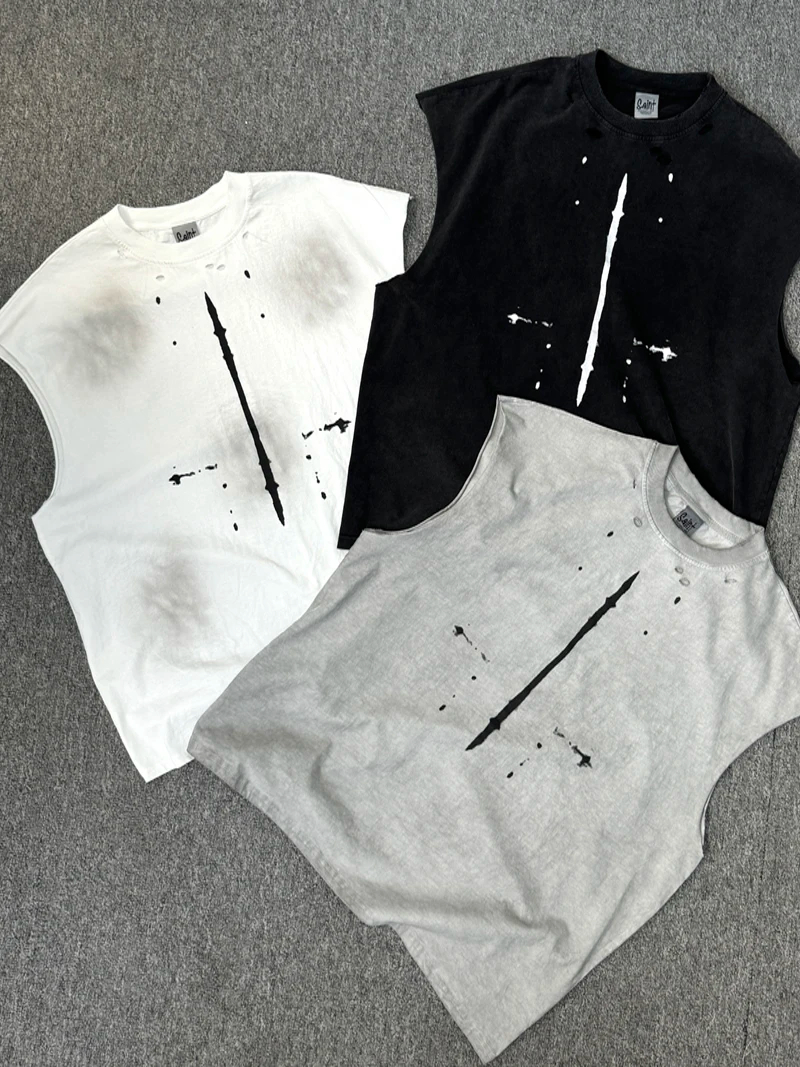 Splash-ink Hole Damaged Tank Tops Vest Men Women High Quality Hip Hop High Street Men's Sleeveless T-shirt Oversized