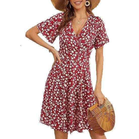 Maxi Dress Women S Strap Skirt Summer Flower Short Sleeve Package V Neck A Line Medium Length Dress Printed Floral Dress