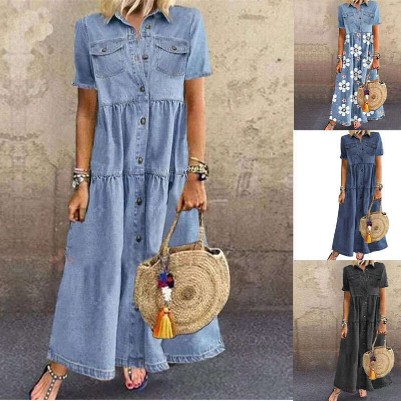 Maxi Dress Quick Selling Outong Denim Style Long Multi Button Vintage Dress Floral Dress