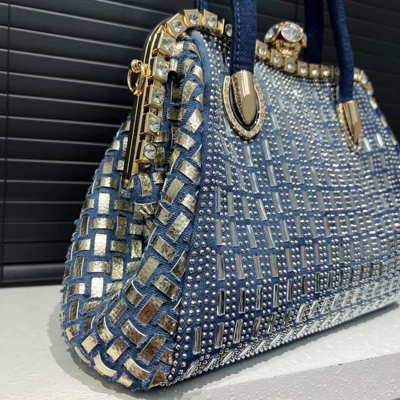 Ladies' denim diamond woven tote bag with large capacity, trendy personality, simple single shoulder crossbody bag