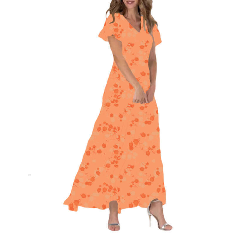 Maxi Dress New Beach Flare Long Skirt Chiffon Fragmented Flower Short Sleeve Ruffle Edge V Neck Fashion Waist Closing Dress Long Dress