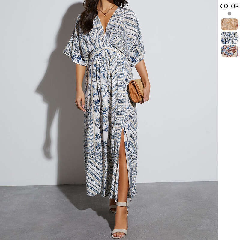 Maxi Dress Women S Spring Summer Long Short Sleeved Printed V Neck Dress For Women Floral Dress