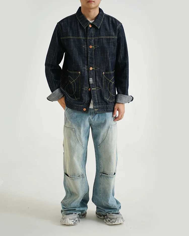 Heavyweight Denim Jackets for Men Autumn American Vintage Casual Loose Outwear Pockets Embroidery Flowers 00% Cotton American W250524