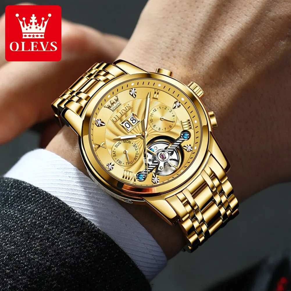OLEVS Mens Watch Automatic Mechanical Slef-Wind Stainless Steel Strap Waterproof Luminous Date Wrist Watch 250603