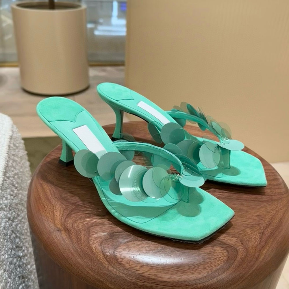 Top quality Sequin decoration Flip-flops high heel Slippers mules shoes Kitten heels Women's slides Luxury designer Holiday shoes Beach Sandal Summer