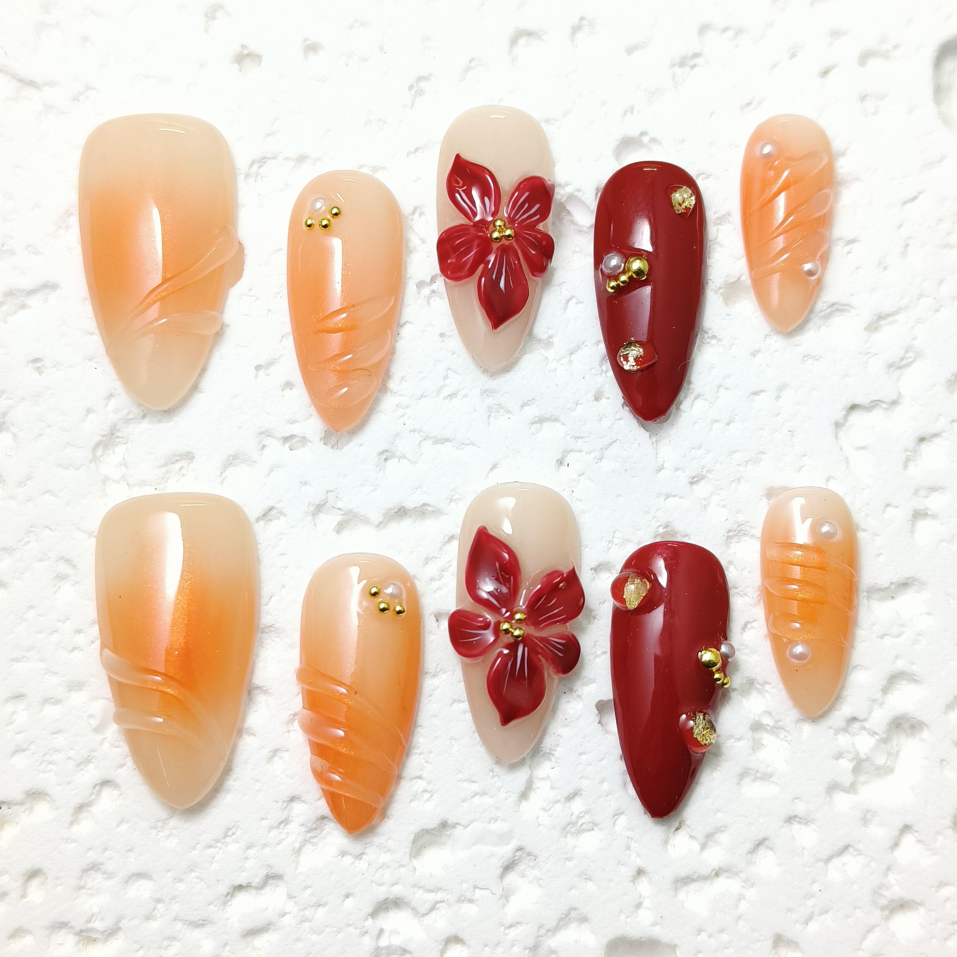 10pcs Handrawn 3D Flowers Handmade Press-on nails Medium Almond Nails Bundle Spring Summer Elegant Sweet Finished nail stickers Free storage box jelly