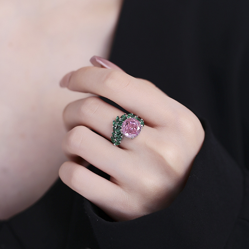 S925 sterling silver ice flower cut ring with pink and green marquise stones, full diamonds, trendy fashion ring for women