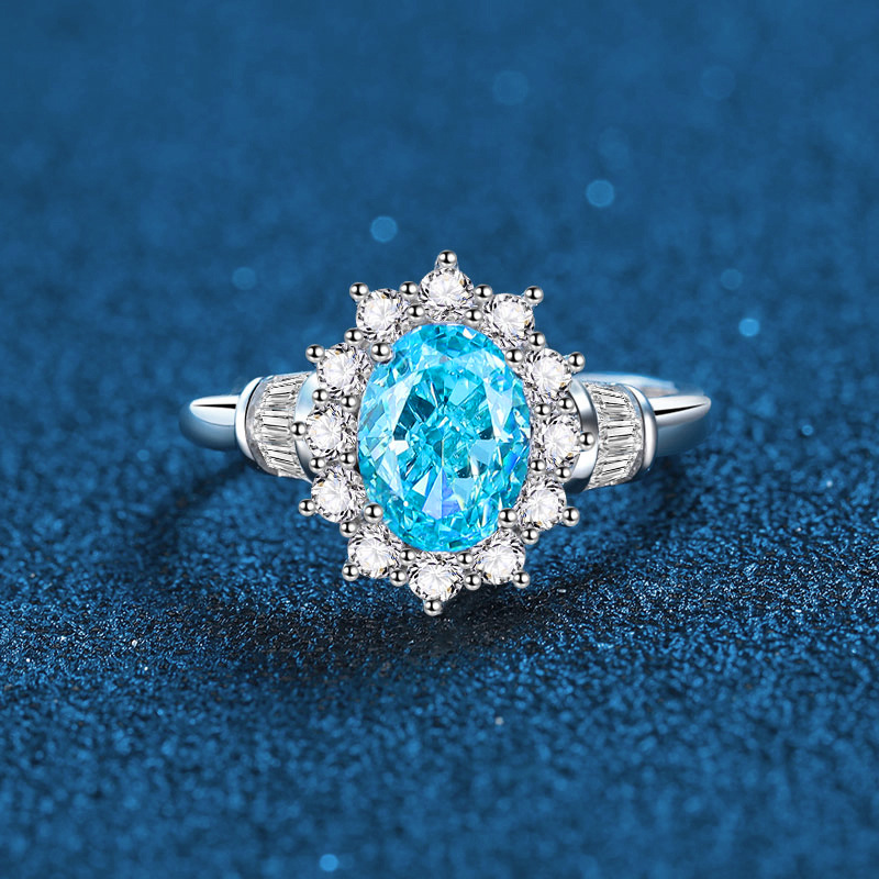 S925 Sterling Silver High Carbon Diamond & Gemstone Ring, Oval Cut Pink & Aquamarine Full Halo Diamond Ice Flower Design, Luxury Wedding Jewelry Ring