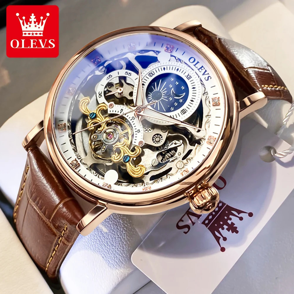 OLEVS Skeleton Watches Mechanical Automatic Watch Men Sport Clock Casual Business Moon Wrist Watch Relojes Hombre 250603