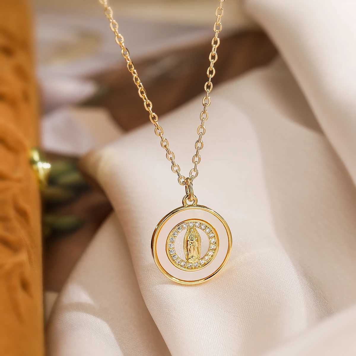 NEWBUY Fashion Gold Color Round Cross Virgin Mary Pendant Necklaces For Women Shiny CZ Zircon Inlay Christian Jewelry XJ250524