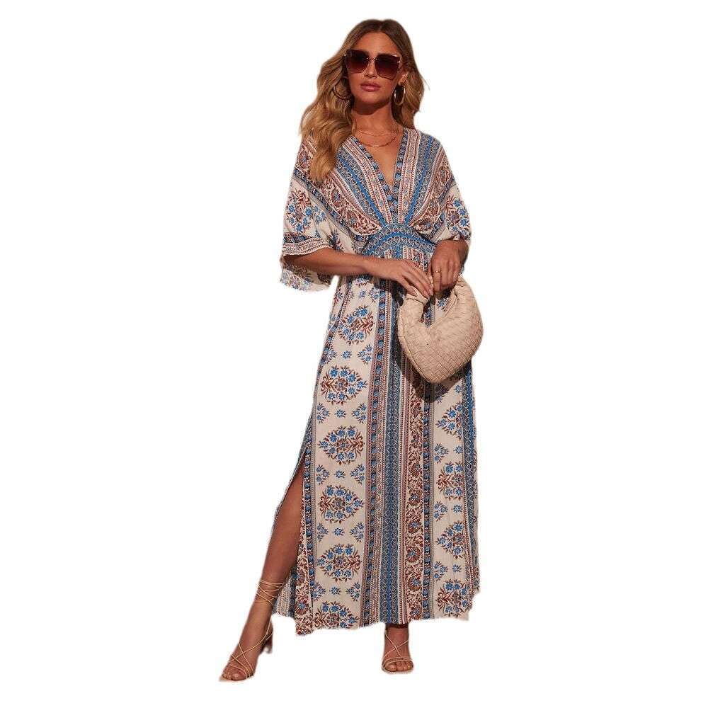 Maxi Dress Women S Spring Summer Long Short Sleeved Printed V Neck Dress For Women Floral Dress