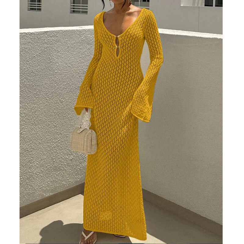 Maxi Dress New Hollowed Out Texture V Neck Round Button Sleeved Vacation Dress Beach Sunscreen Backless Long Skirt Long Dress