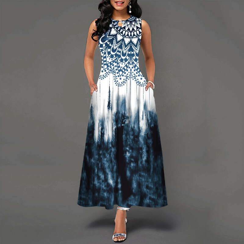 Maxi Dress V Neck Printed Sleeveless Long Dress Casual Beach Large Swing Skirt Long Dress