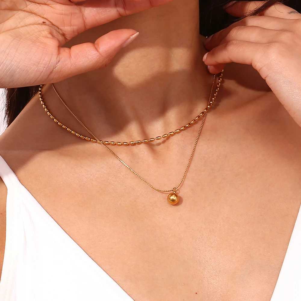 E.B.belle Simple Double-layer R bead Pendant Necklace 316L Stainl Steel Decoration 18K Gold Plated Jewelry XJ250524