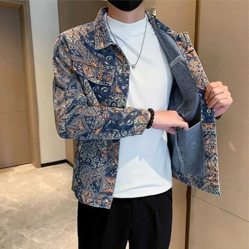 2025 New Male Casual Floral Denim Jacket Slim Fit Tops Fashion Men Daily Outdoor Bar KTV High Street Coat W250524