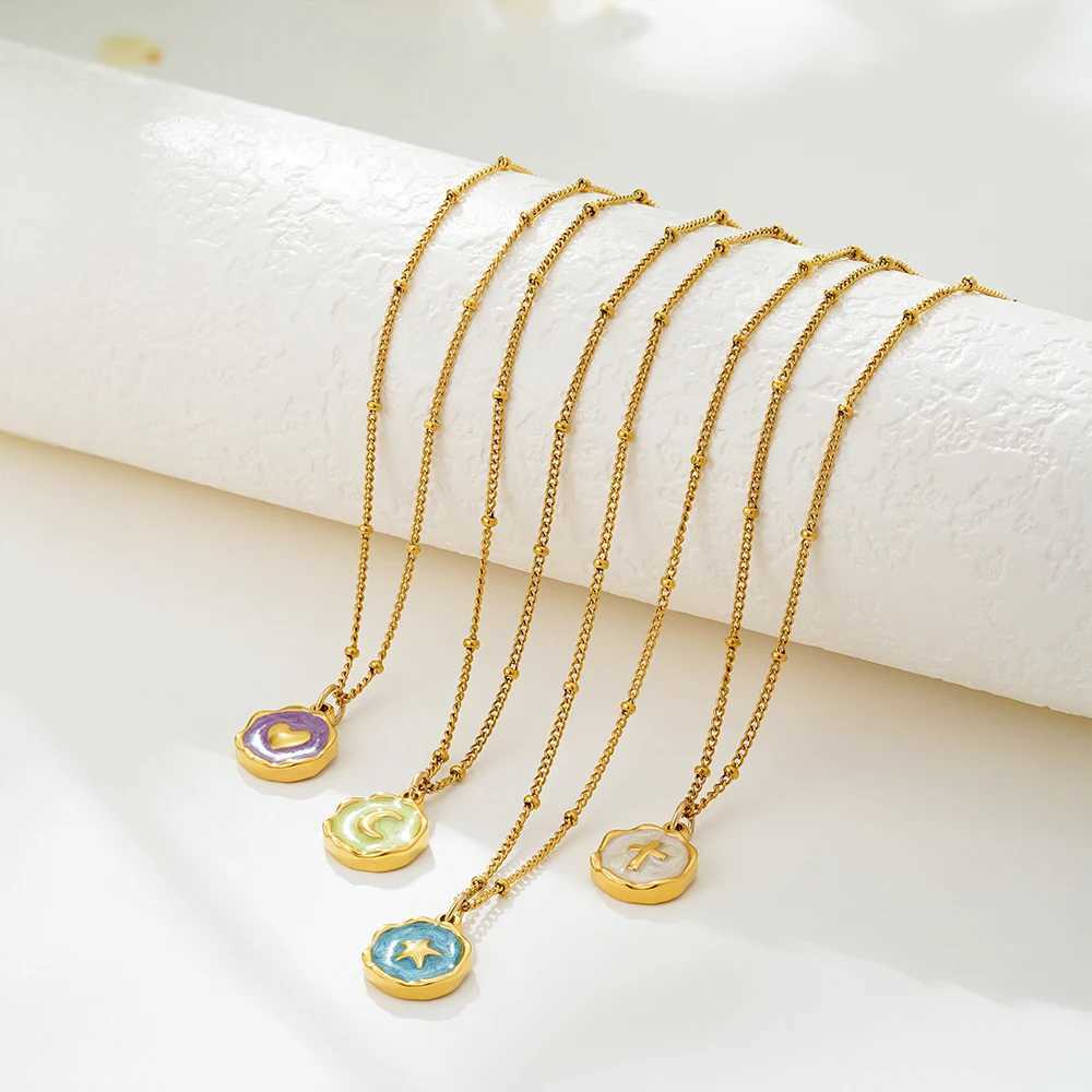 Punk Geometric Irregular Enamel Colorful Natural Stone Pendant Necklace for Women Stainl Steel Cross Heart Opal Choker GiftsXJ250524