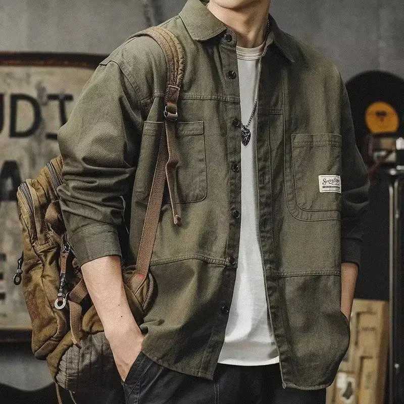 2023 Autumn New Loose Casual American Vintage Work Jacket Mens Solid Square Neck Button Pocket Badge Patchwork Long Sleeved Shirt W250524