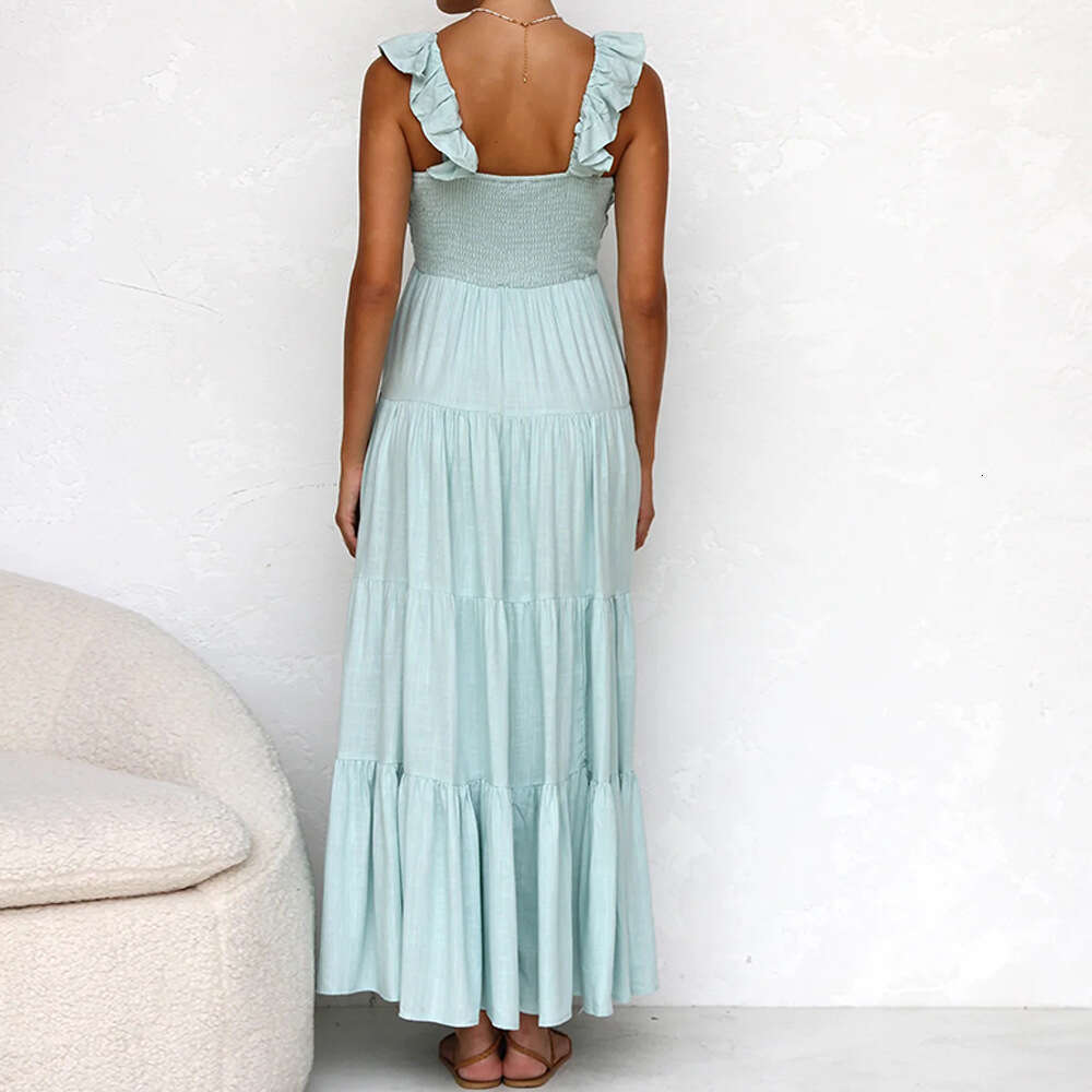 Maxi Dress Spring Summer V Neck Sexy Cotton Linen Sleeveless Solid Lace Strap Holiday Beach Dress Long Dress