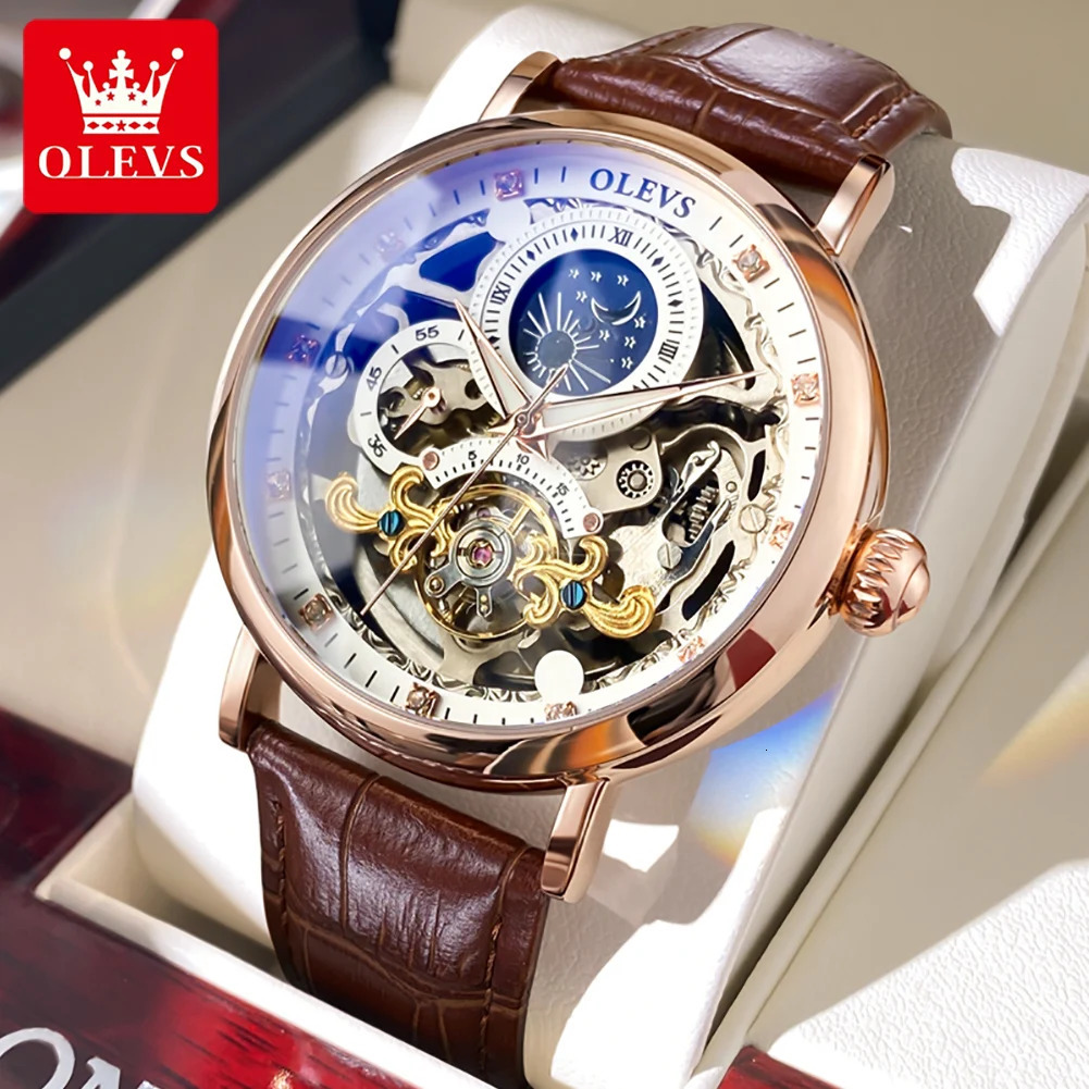 OLEVS Moon Phase Mechanical Watch Men with Dual Time Zone Display Waterproof Automatic Skeleton Mens Watches Top 250603