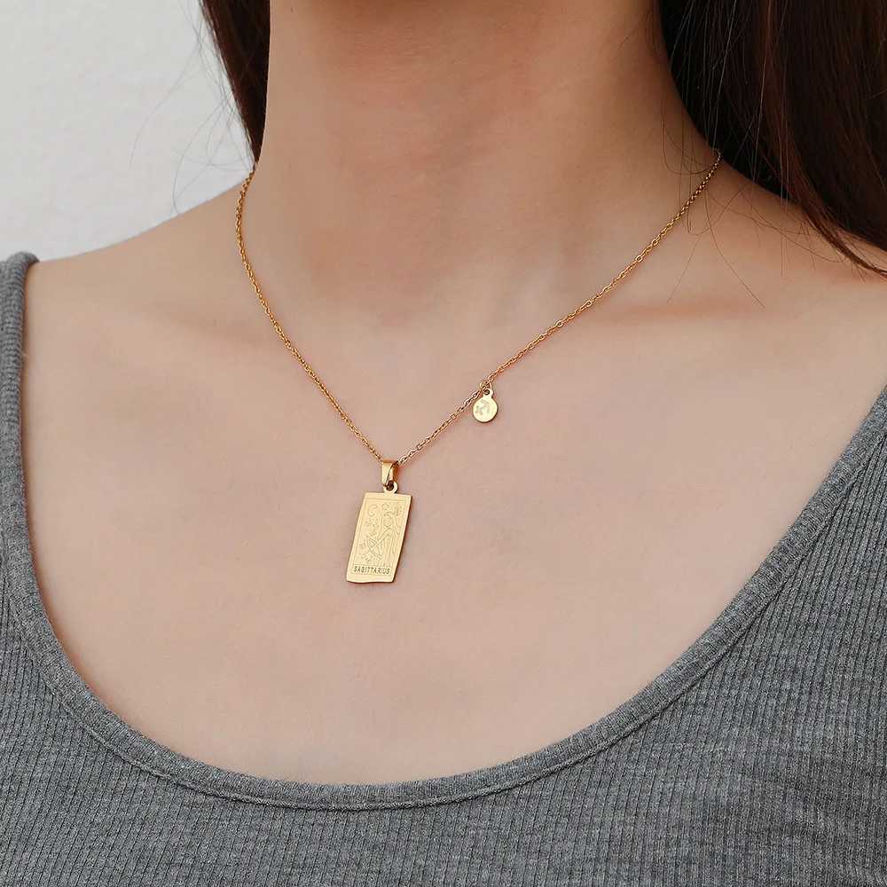 Vintage12 Constellations Tarot Stainl Steel Necklaces for Women Gold Color Zodiac Sign Square Pendant Necklace Clavicle Chain XJ250524