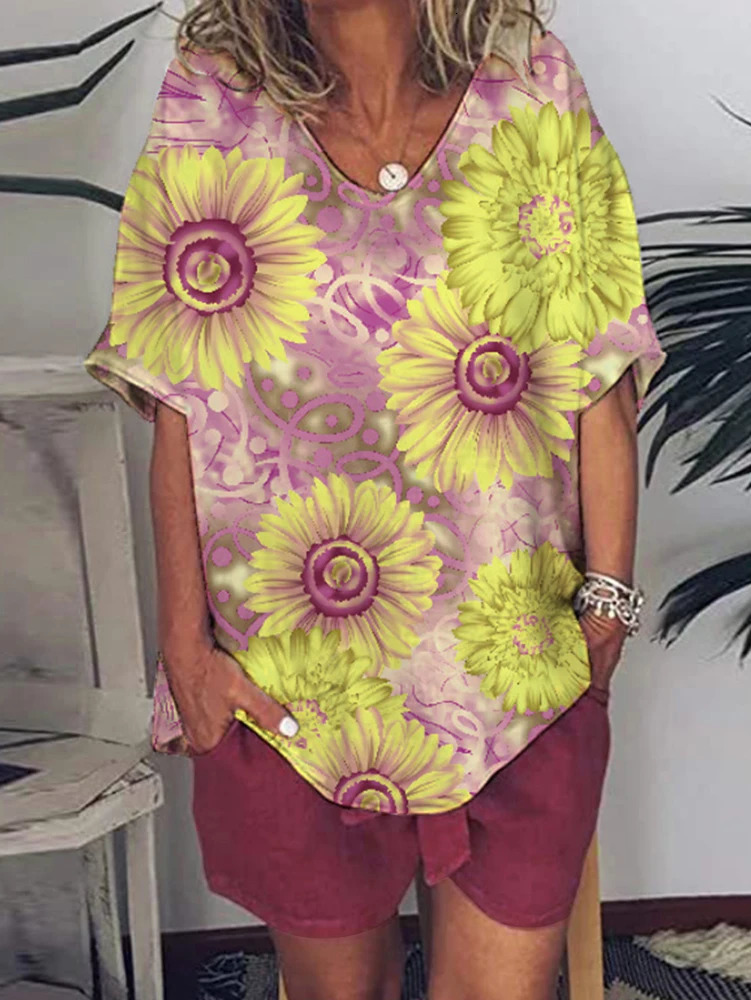 Plus Size 2025 Womens Elastic Waist Printed Pattern VNeck Casual Loose Two Piece Suit for Summer 250516Z