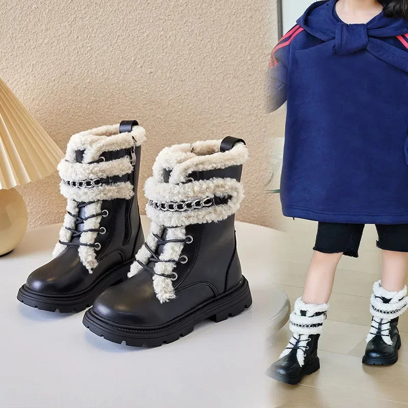 Winter Childrens Boots Elegant Versatile Girls Long Boots Matte Leather Kids Fashion Causal Cotton Boots Thick Bottom Plush 250522