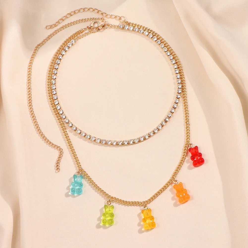 Punk Colorful Gummy Bear Pendant Metal Crystal Choker Necklace for Women Multi-layer Cute Bear Tennis Clavicle Chain New Jewelry XJ250524